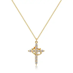 Women's 360-Degree Rotatable Geometric Circle Cross Crown Necklace - Inlaid Synthetic Cubic Zirconia Pendant, Stainless Steel & Copper Base, Unisex Clavicle Chain for Casual Wear & Engagement, Trendy Costume Jewelry Gift