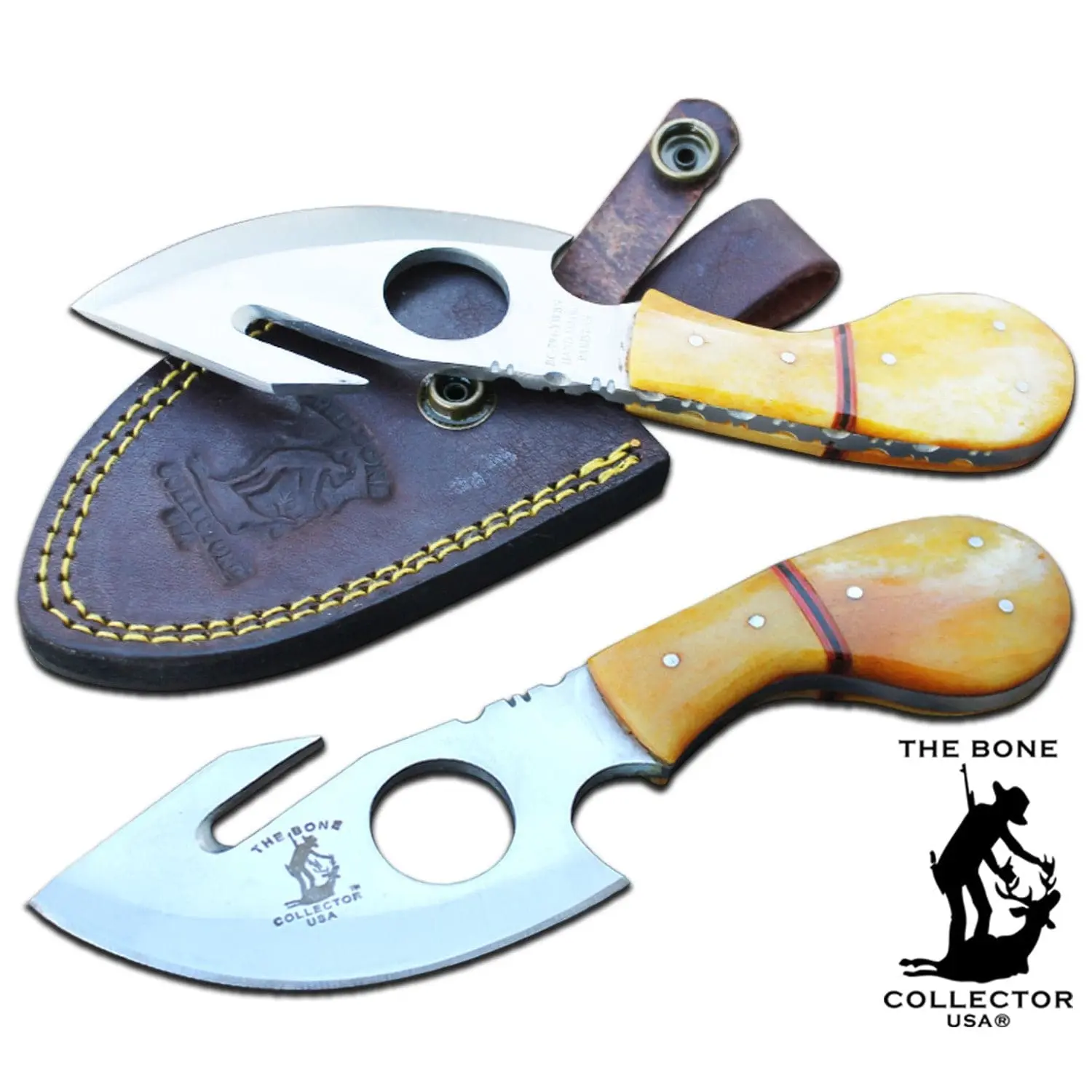 BC 794-YWBN 7' Bone Collector Steel Blade Skinning Knife with Yellow Bone Handle, Gut Hook Kitchen Knife