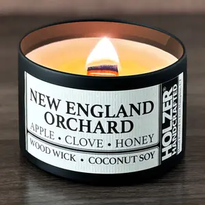 New England Orchard - Apple + Clove + Honey Scented Wood Wick Candle, 8oz Tin