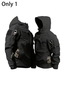 Men's Outdoor Tactical Multi-Pocket Jacket, Military Style Windproof Coat, Warm Stand Collar Hoodie with Zipper Closure, Zippered Jacket