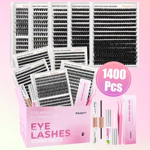 1400 Clusters Lash Extensions with Bond and Seal, Glue Remover, Tweezer Natural Wispy Fox Eye Cat Eye False Eyelashes Kit for Girl gift#Summervibes