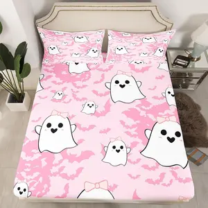 Halloween Ghost Gothic Fitted Sheet,Horro Spooky Bat Decoration Pink Bed Sheets Cute Funny Sheets Set for Kids Boys Girls, No Top Sheet