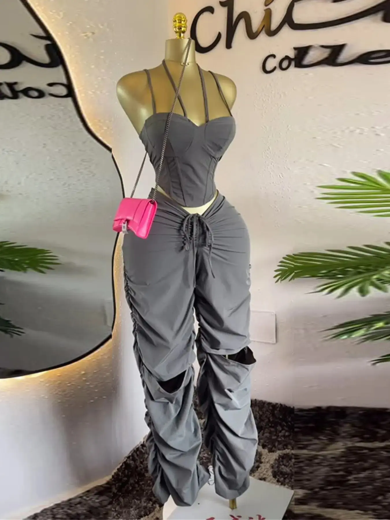 PULKRITU Street Style Women's Two-Piece Set, Spaghetti Strap Waist Cinching Corset Crop Top & cutout hip stacked Ruched Straight Long Pants sets, Perfect Holiday Vacation Education 2 Pieces Sets Outfits, Trendy Fashionable Clothings, Womenswear