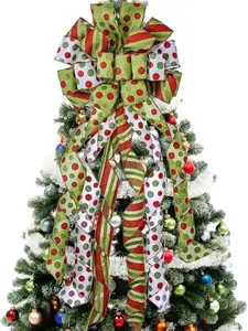 Large Green Christmas Bow Tree Topper with Red and Green Dot for Xmas Ornament Decoration Gift Set