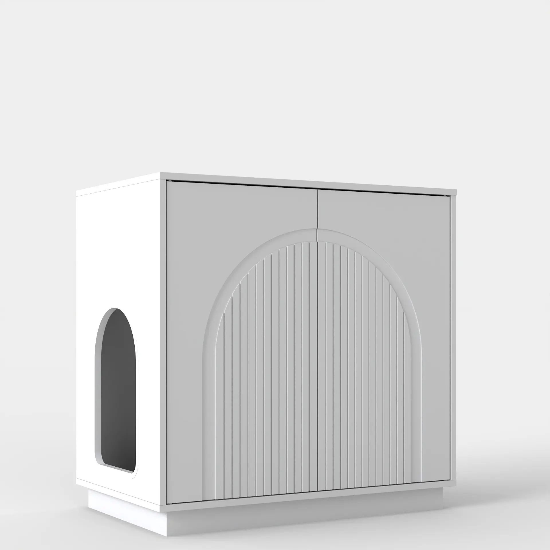 White Hidden Cat House Shelter, 15mm Honeycomb MDF Cat Cabinet with Fluted Arched Handle-Free Thermoformed Doors Equipped with Double Push Rebound Latches for Indoor Cats
