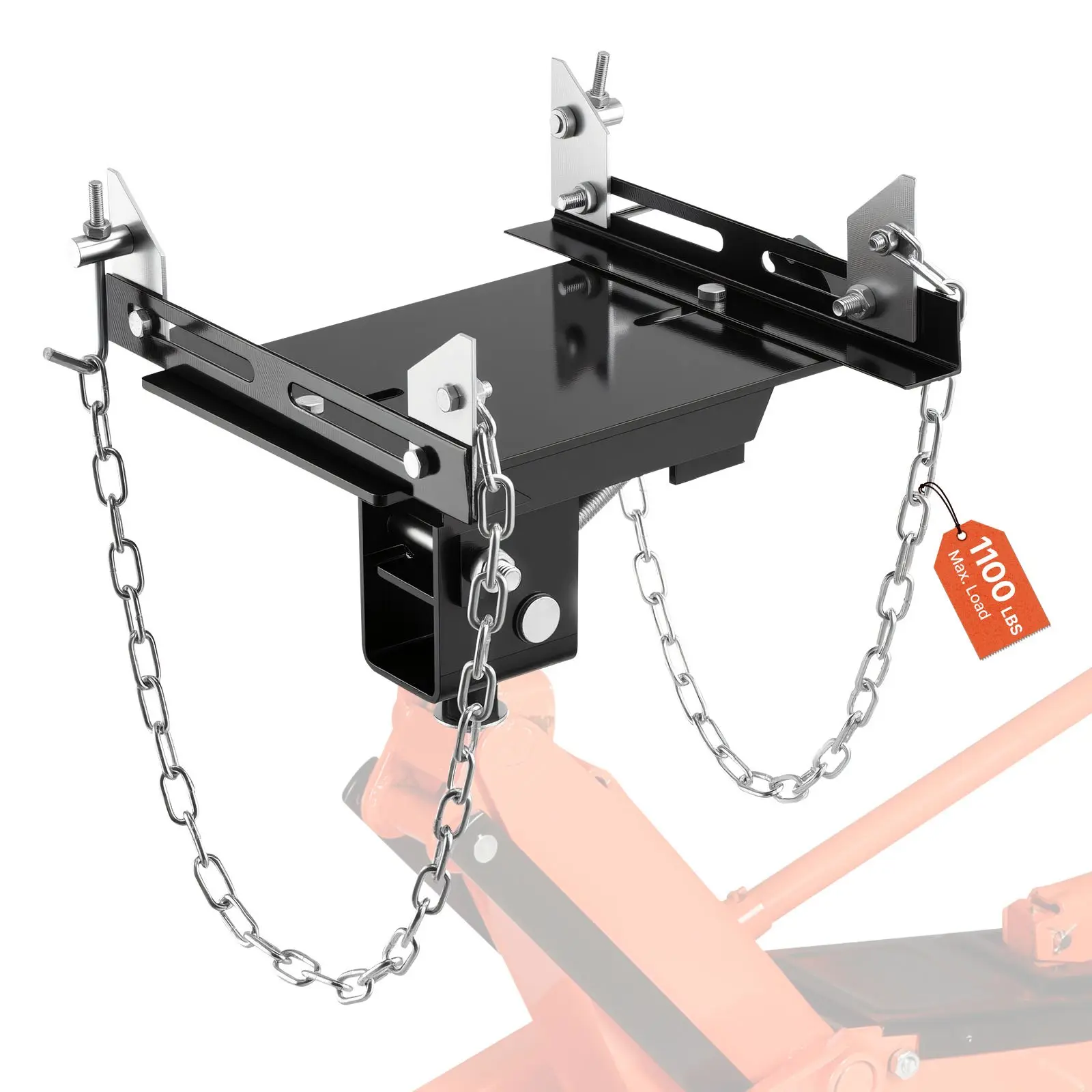 VEVOR Heavy-Duty Steel Frame Transmission Jack Adapter (0.5TP Model), 1100 lbs Load Capacity, 360° Rotatable, 1.2in Detachable Shaft with Chains, Floor Jack-Compatible Garage Tool, 15.4x13.0x11.0in/390x330x280mm, 19.4lbs/8.8kg, 31.5in/800mm, 15.4 X 13.0 X