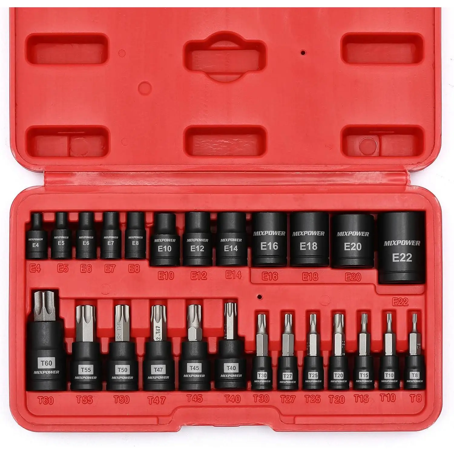 Professional Grade 25-Piece Chrome Vanadium Heat Treated Torx Bit and Socket Set - 13 Star Bits (T8-T60), 12 E-Torx Sockets (E4-E22), Black Phosphate Finish, Extra Torque, High-Contrast Size Marking for Auto Mechanics