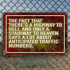 1pc, "Highway to Hell" Iron Sign, 11.9"X7.9", Humorous Wall Art, Sarcasm Quote, Indoor/Outdoor Decor, Rustic Metal Plaque for Home, Kitchen, Bar, Shop, Farm, Garden Wall, Multi-Purpose Decoration, English Language, Wall-Mounted Christmas Decorations