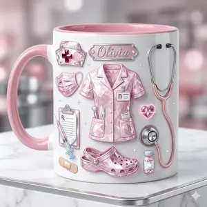 Personalized Nurse Life Faux 3D Effect Mug, Crystal Style Medical Icons, Gift For Nurses