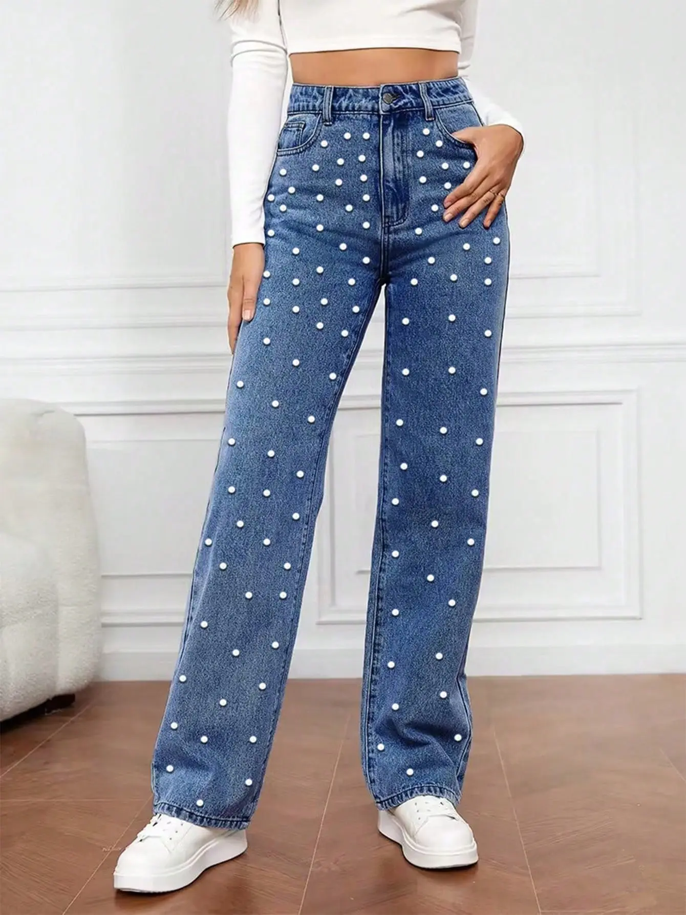 Apperloth Studio Women's High Waisted Pearl Beaded Wide Leg Jeans - Casual Denim Pants for Streetwear Casual Daily