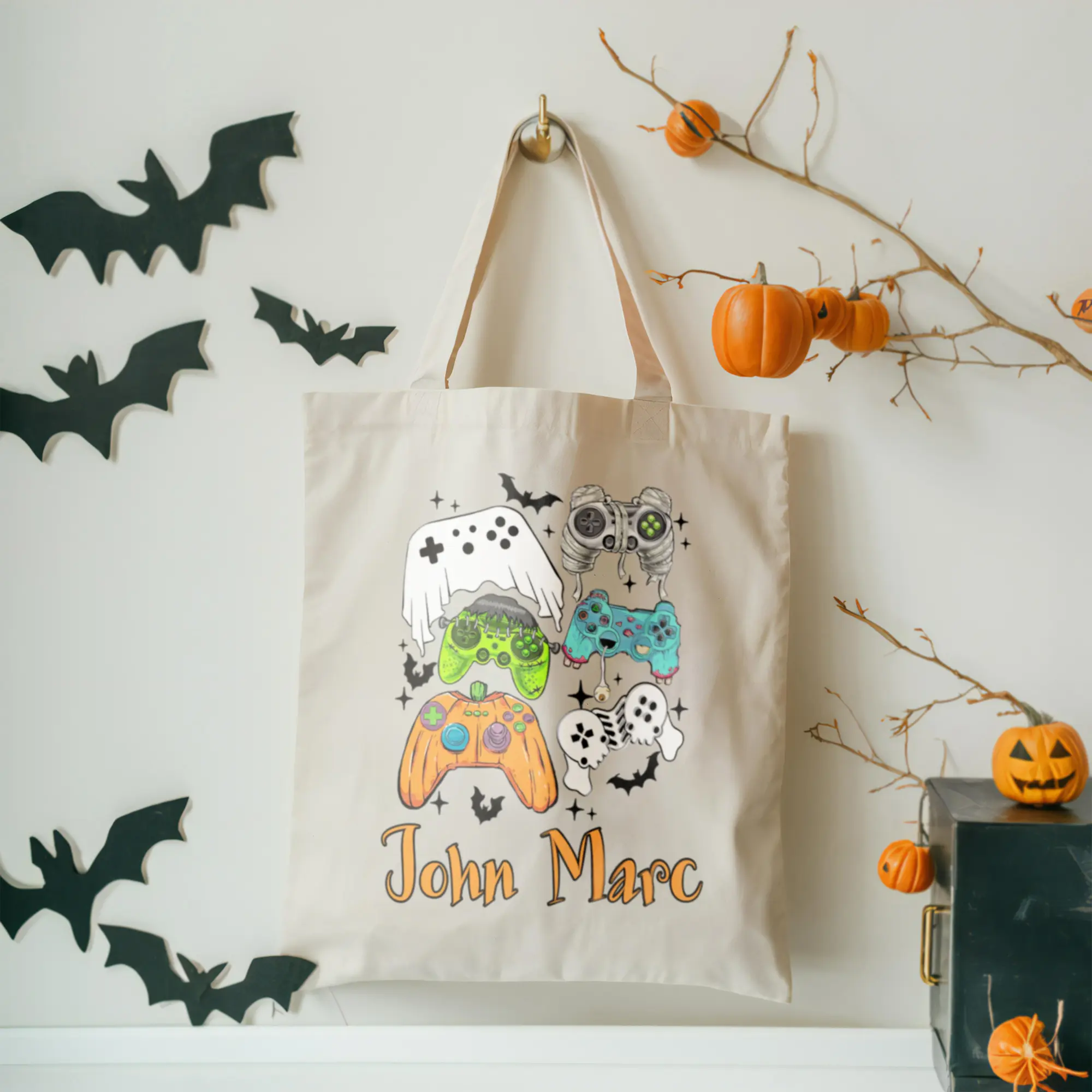 Personalized Trick or Treat Tote Bag with Spooky Game Controllers - Boys & Girls Halloween Candy Bag - Custom Trick or Treat Candy Bag for Kids