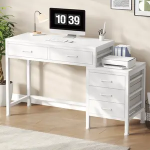 Modern Style Desks - Sturdy Computer Desk with 5 Storage Drawers, Printer Stand, and Storage Cabinet, Compact Home Office Study Writing Workstation for Small Spaces