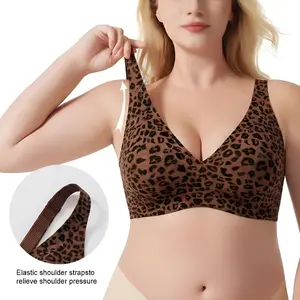 Cloud-Soft Jelly Support Bra - Wireless Deep V Leopard Push Up Bralette, Seamless Scalloped T-Shirt Bra & Breathable Sleep Crop Top, Plus Size Comfort Fit S-3XL