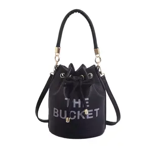 New women's large-capacity handbag solid color letter print crossbody bag drawstring pleated bucket bag