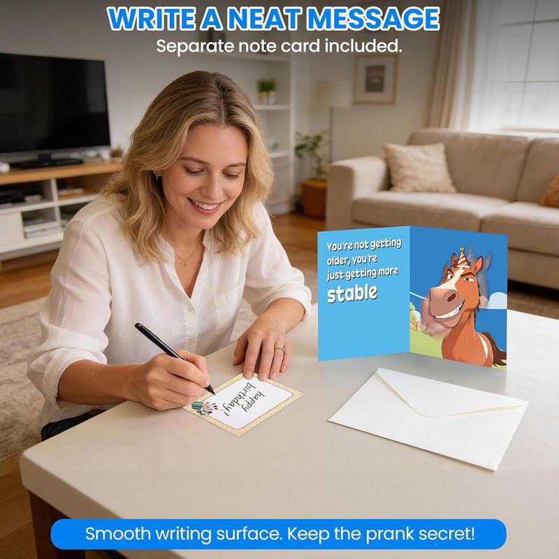 Funny SHAKING & MUSICAL Birthday Cards for Women Men, Hilarious Horse-Themed Pop Up Bday Card with Envelope & Note Card for Friends Coworkers, 5.9 x 7.9 Inches