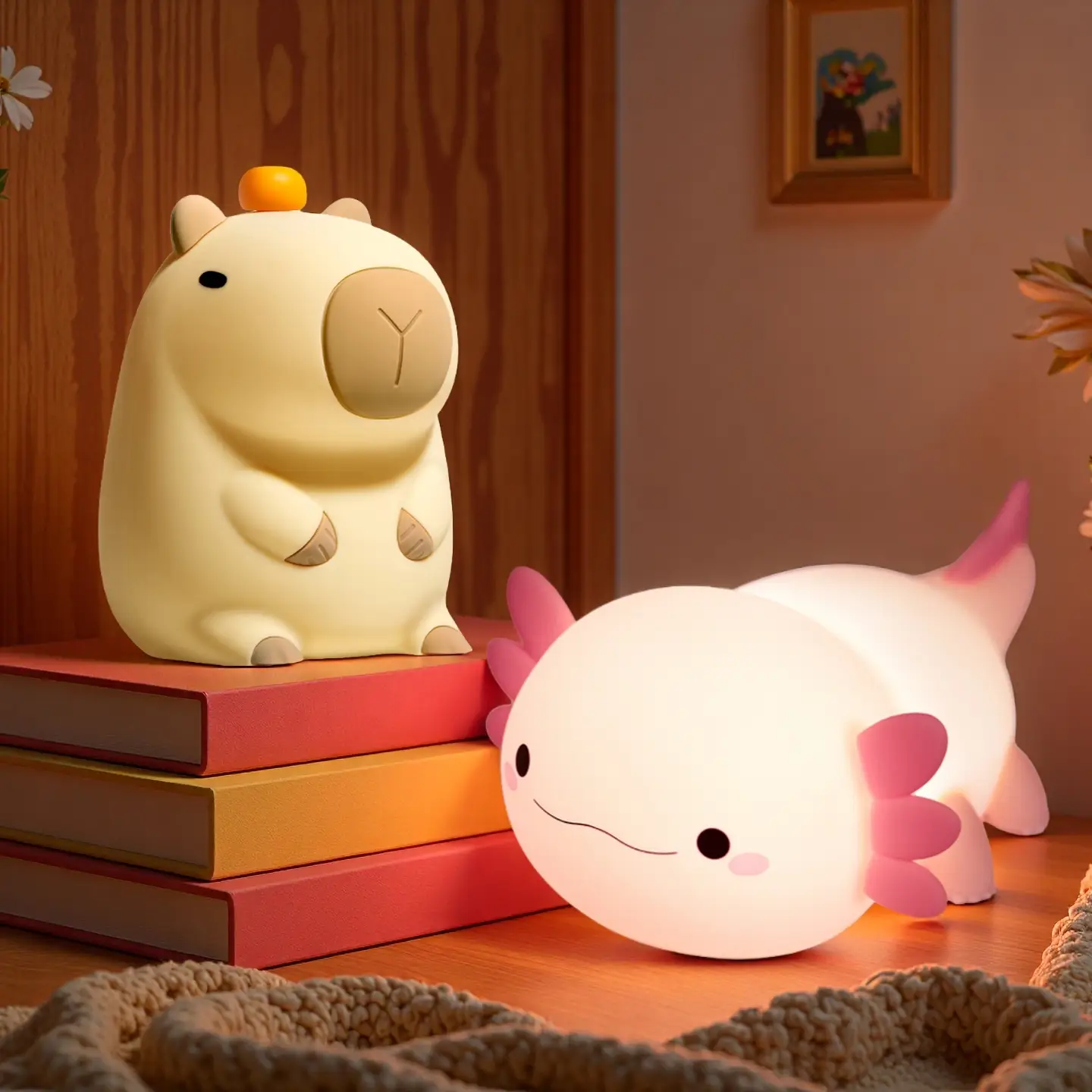 2025 Dimmable LED Animal Night Light - Axolotl/Fox/Hippo/Penguin Nursery Lamp, Touch-Activated with Timer, Soothing Baby Sleep Aid, USB Rechargeable S