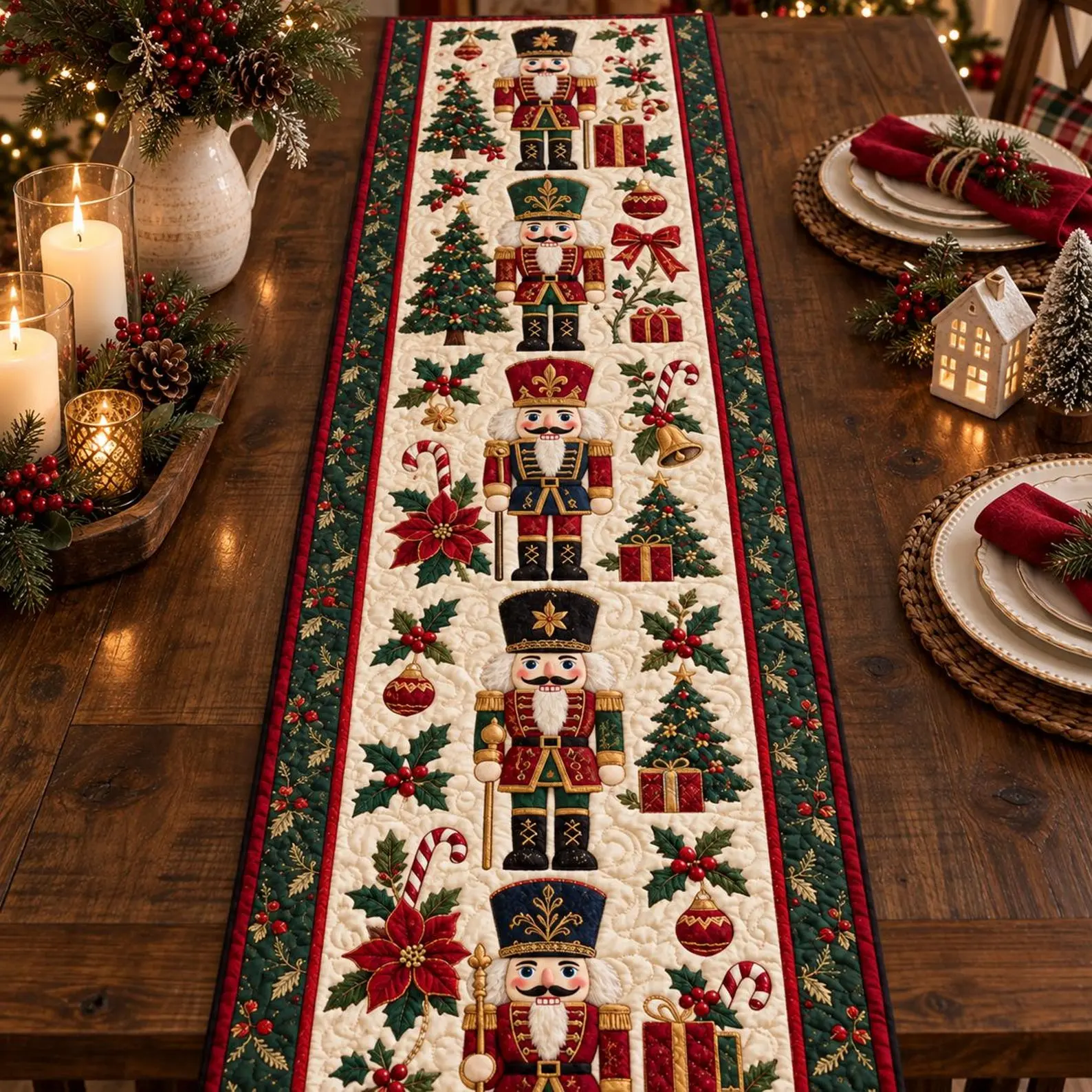Polyester Velv Christmas Nutcracker Quilted Table Runner, Holiday Dining Household Kitchen Textile Decor