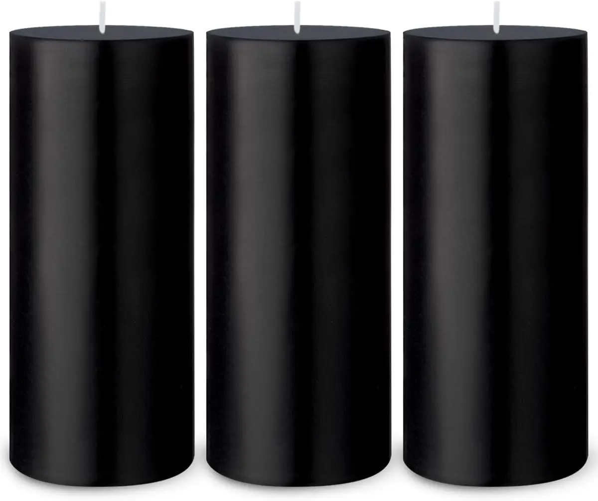 3 Packs 2.8x6 Inch Black Pillar Candles, Unscented Dripless Large Tall Wax Cylinder Column Candles for Power Outage Emergency Halloween Party Backyard Gathering - 70 Hour Burn Time