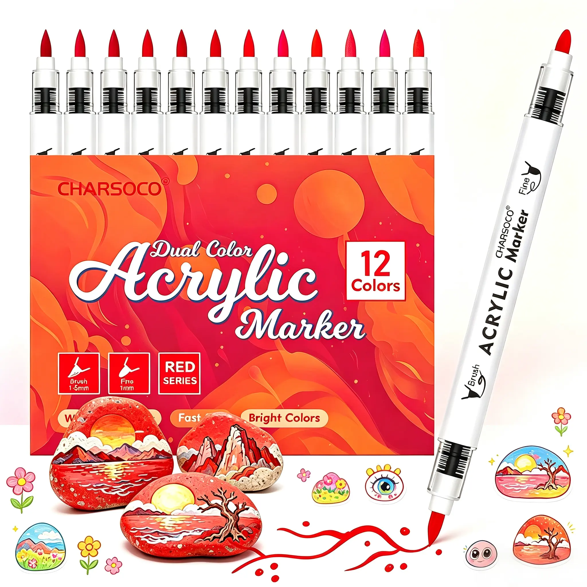 12 Count Dual Tip Acrylic Marker Single Color Set (Red/Yellow/Grey/Blue/Green/Purple/Brown/Skin Tone), Waterproof Opaque Pens, Soft Brush & Fine Dual Tip, Rich Pigment for Rock, Wood, Ceramic, Canvas, DIY Dopamine Art Crafts