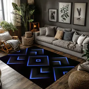 2D Neon Square Geometric Crystal Velvet Area Rug - Black Blue Futuristic Tech Print Soft Mat for Gaming Room Living Room, Non‑Slip Modern Home Decor#2DNeonRug #TechStyleMat #GamingRoomDecor #BlackBlueCarpet #NonSlipCrystalVelvetRug
