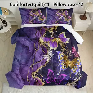 Marble & Butterfly Bedding Set, Includes 1 Comforter and 2 Pillowcases, Luxurious Floral Design
