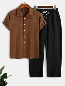Men's Stretch Knit Jacquard Short Sleeve Shirt & Lyocell Linen Blend Pants Set, 2 Piece Breathable Casual Summer for Beach Daily Vacation