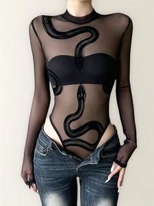 sheer velvet snake print mesh bodysuit, sexy slim-fitting all-in-one for summer, elegant and bold fashion statement