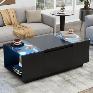 Modern LED farmhouse Coffee Table with High-Gloss Finish and Glass Tabletop, Living Room Rectangle Dining Center Table with Open Storage Compartment and 2 Hidden Drawers couch eaters sturdy build