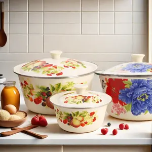 Fruit & Flower Pattern Food Storage Bowl with Lid Set, 3 Counts/set Large Capacity Fruit & Vegetable Basin, Kitchen Tool for Kneading Fermentation Salad Mixing, Housewarming Gift Ideas, Serving Bowls