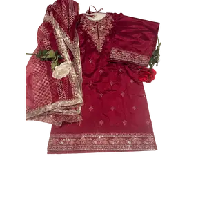Deep Red Embroidered 3PC Kurta, Dupatta, and Pants Elegant Festive & Wedding Wear