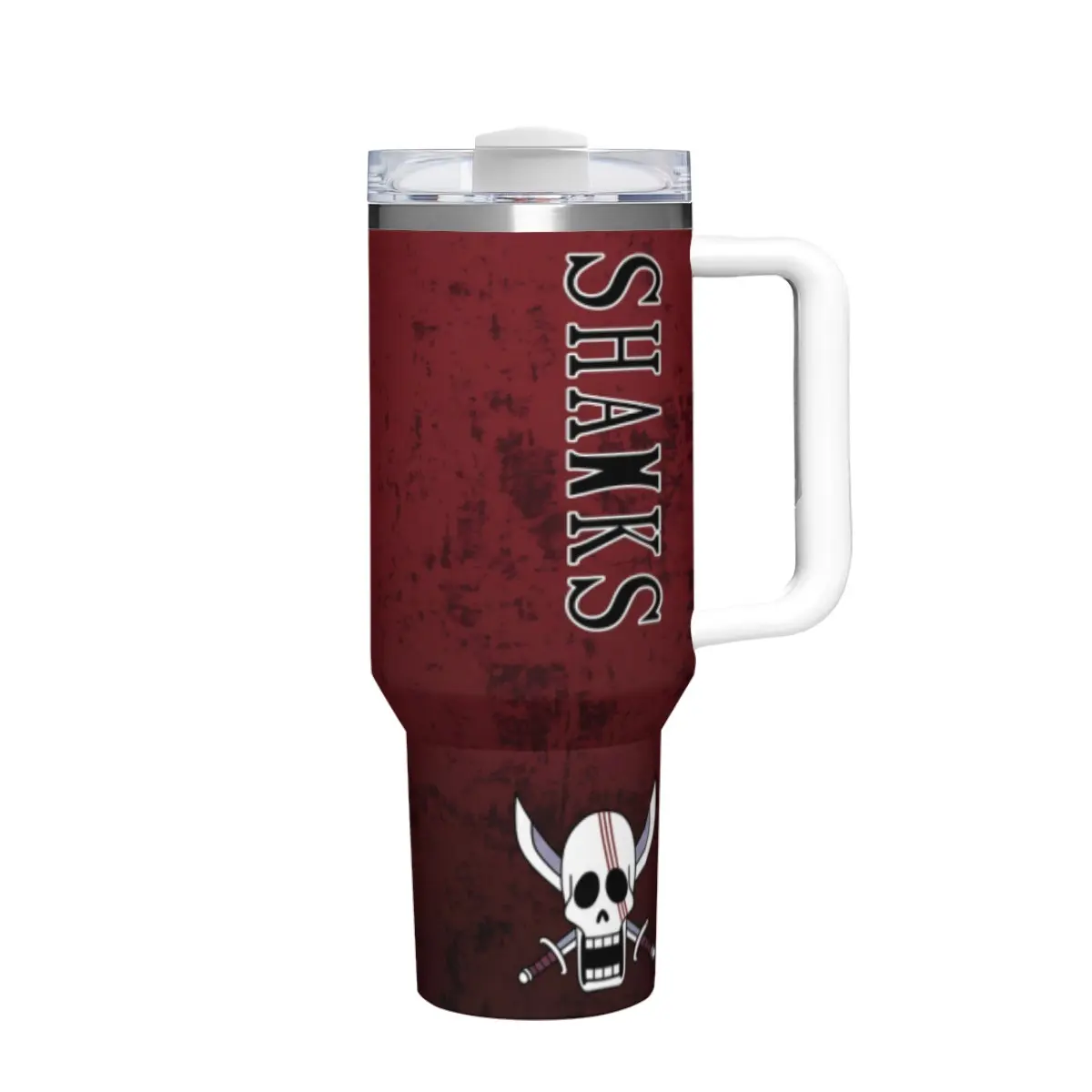One Piece Shanks Anime Tumbler with Yonko Jolly Roger Skull Print and Distressed Vintage Design, Insulated Travel Mug for Iced Coffee and Daily Commute