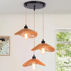 3-Light Boho Woven Twine Pendant Light Modern Ceiling Hanging Light Handwoven Chandelier for Dining Room Restaurant Bedroom