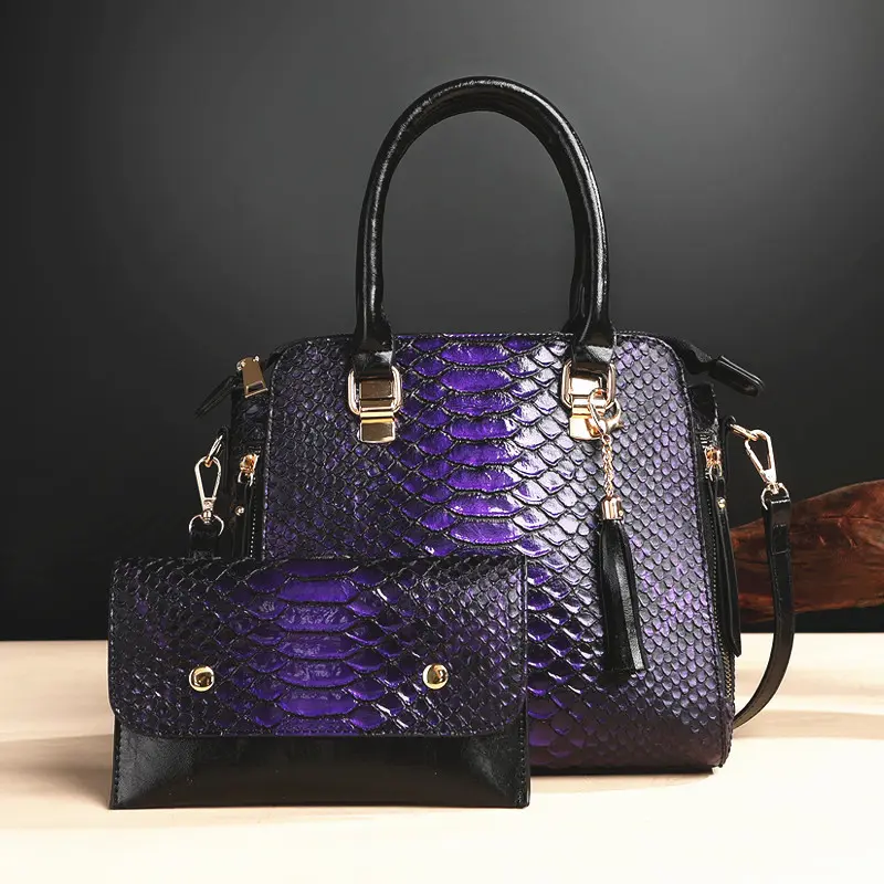 2Pcs Faux Snake Print Handbag Set, Top Handle Tote With Tassel + Matching Long Wallet Purse