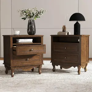 Solid Wood Nightstands Set of 2, Fully Assembled Night Stand with 2 Drawer & Open Shelf Storage, Bedside Table with Charging Station, Mid-Century Modern End Table for Bedroom, Walnut