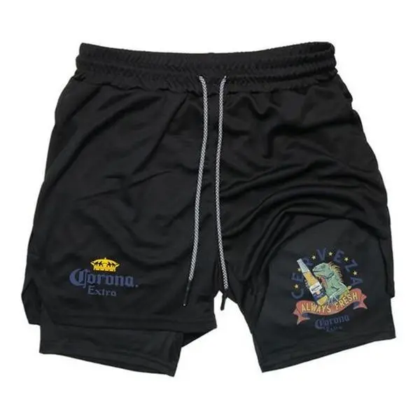Men's 2-in-1 Athletic Shorts with Gothic Graphic Print, Stretchy Lined Gym Workout Shorts with Drawstring for Running & Fitness, Athletic Men's Sports Shorts, Breathable Stretch Men's Sports Shorts