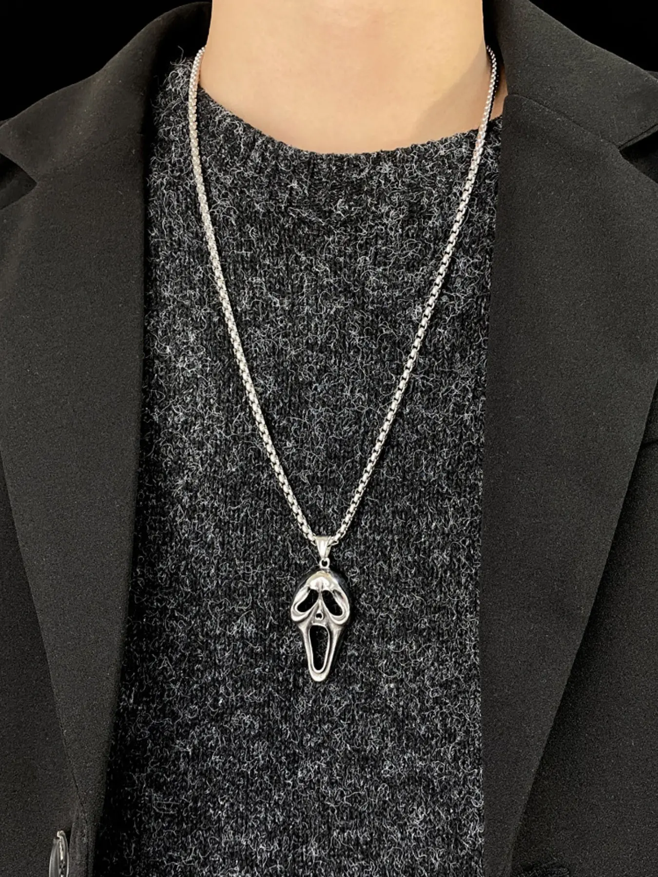 Scream Ghost Face Pendant Necklace, Stainless Steel Horror Movie Chain, Gothic Punk Jewelry, Halloween Men's Accessory, Gift for Men