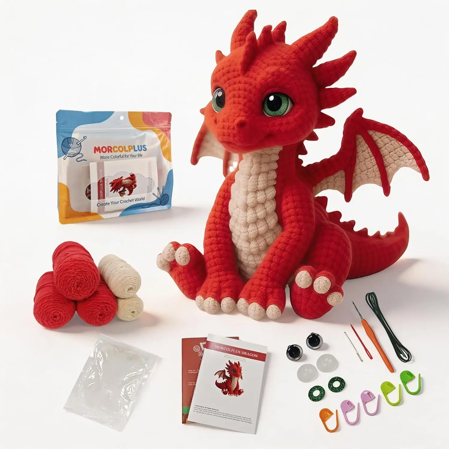 Morcolplus Dragon Crochet Kit for Adults, Advanced Fantasy Amigurumi Crochet Kit with Step-by-Step Video Tutorials, Updated Instructions and All Materials Included, DIY Yarn Craft Gift (Red) Gift