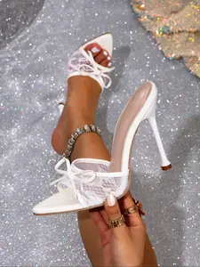 Elegant Women's Bow High Heels, Pointed Toe Thin Strap Sandals, Slip-On Mesh Design, Perfect for Parties & Special Occasions, Rubber, Mesh Upper Sandals, Party Footwear