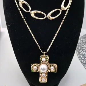 Multiple Layer Cross Necklace and Earring Set with Pearl Accents and Gold Tone Finish