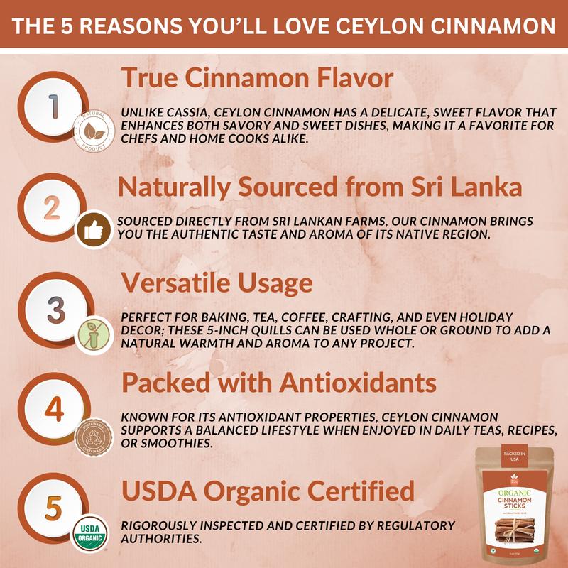 SPICY ORGANIC Ceylon Cinnamon Sticks 4 oz – True Cinnamon Quills from Sri Lanka, 3.5" Premium Ceylon Cinnamon, USDA Certified Organic, Perfect for Recipes, Crafts & Holiday Drinks – Cinnamomum Verum