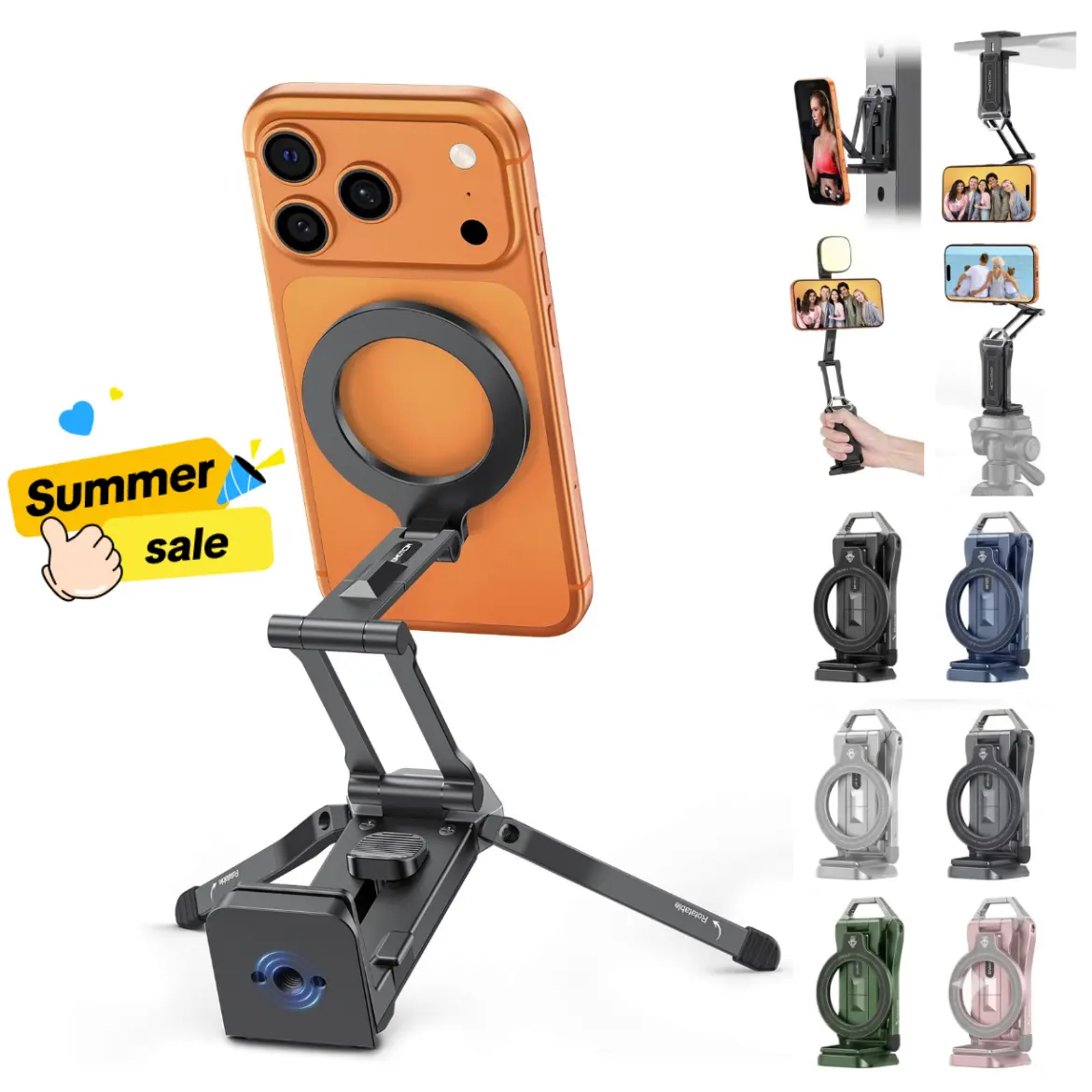 OMOTON TP02-Pro 5-in-1 Magnetic Mobile Phone Holder Accessories, Orange - Arca-Type Base with 1/4" Screw Hole, Adjustable Foldable Rotating, for iPhone 12-17 Series, Travel Tripod, Tripod Standing Photo Use