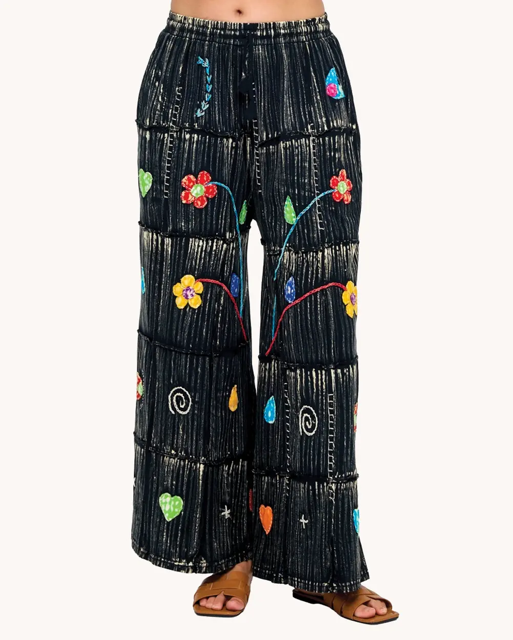 Women's Wide Leg Pants with Rainbow Embroidery, Acid Wash Cotton with an Elastic Drawstring and Functional Pockets, Embroidered, Bottom, Patchwork Pants, Clothes