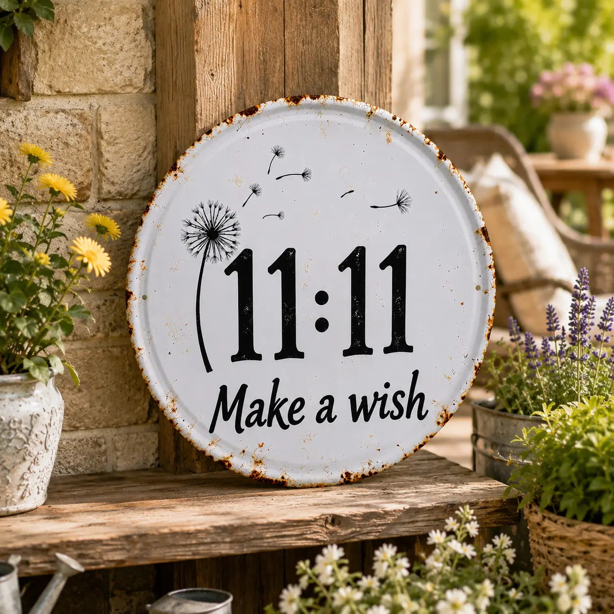 2D Flat 8X8Inch Circular rustic metal sign with dandelion 1111 make a wish design suitable for home decor,  Perfect for Room Decor