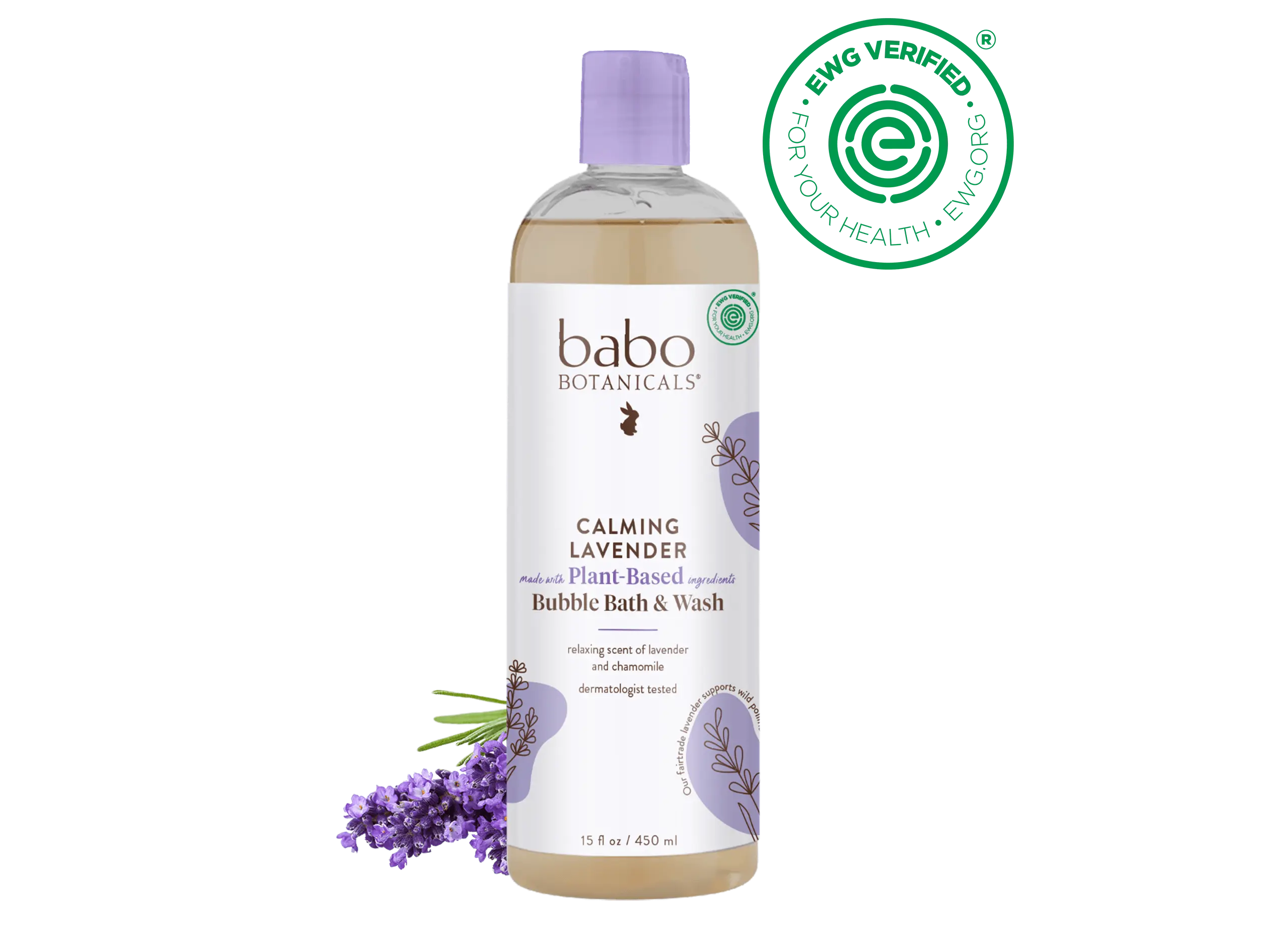Babo Botanicals Calming Lavender Bubble Bath & Wash - Made with Plant-Based Ingredients, Relaxing Scent of Lavender and Chamomile, Dermatologist Tested, EWG Verified, 15 fl oz (450 ml)
