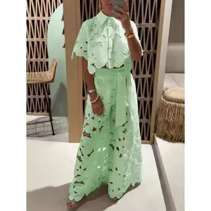 Women’s Sexy Hollow Lace Top & Wide Leg Pants Set | Elegant Embroidery, Retro Lace Outfit Set  Perfect for Casual & Special Occasions