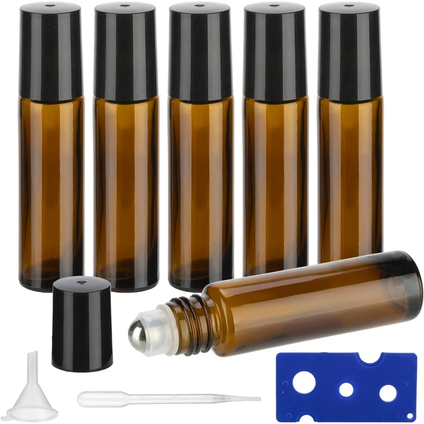 Modern 10ML Glass Essential Oil Roller Bottle Set (6-Pack) with Stainless Steel Balls, 6 Labels, Opener, Funnel, Dropper