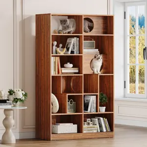 Modern 2 IN 1 Wood Bookshelf Cat House, Cat Tree Display Case with Storage, Cat Litter Box Enclosure Climbing Shelf