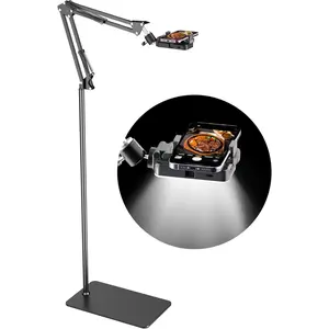 Floor Overhead Phone Tripod with Rechargeable Light for Cooking Videos, Move Around Phone Stand with Ring Light Content Creator Video Recording Selfie Photography  Youtube Compatible with