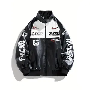 Men'STrendyFauxLeatherRacingJacket-Black&White,WindproofStandCollar,Zip-UpwithZipperPockets,StylishMotorcycleGearforSpring&Fall,CasualAttireJacket|StylishStandCollar|ZipperedJacket