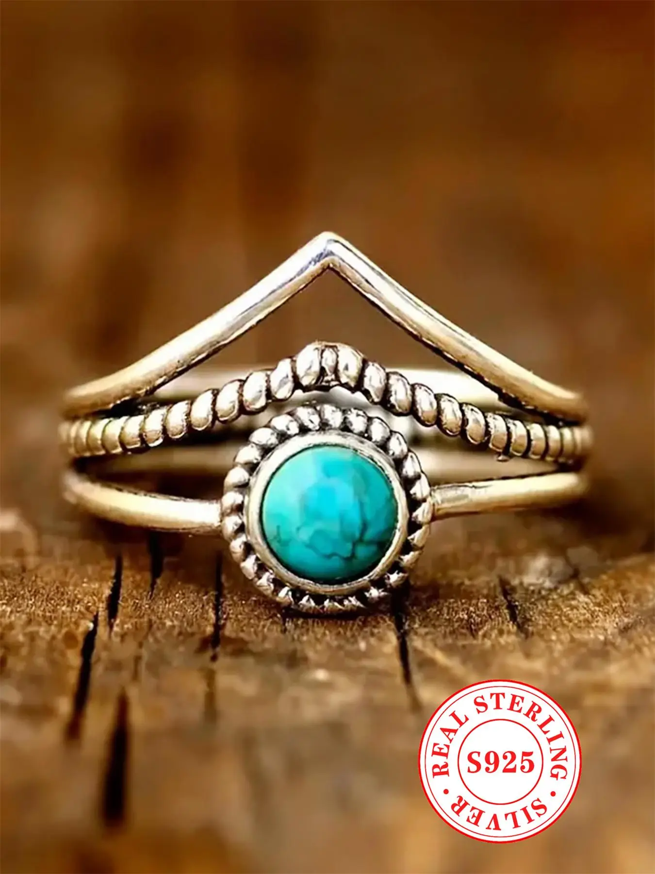 S925 Sterling Silver Vintage Turquoise Decor Cuff Ring, Fashion Accessories for Women & Girls, Trendy All-match & Exquisite Jewelry for Birthday Gift